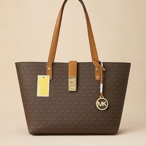 Michael Kors Jet Set Travel Tote in Signature Brown Logo with Acorn Trim (NWT)